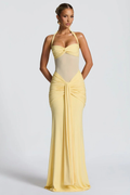 DENISE VAUPERCHE | Halter Neck Bodycon Maxi Dress – Twisted Bandeau Sheer Mesh Ruched Drape Gown