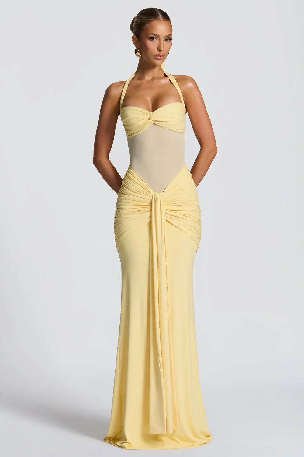 DENISE VAUPERCHE | Halter Neck Bodycon Maxi Dress – Twisted Bandeau Sheer Mesh Ruched Drape Gown