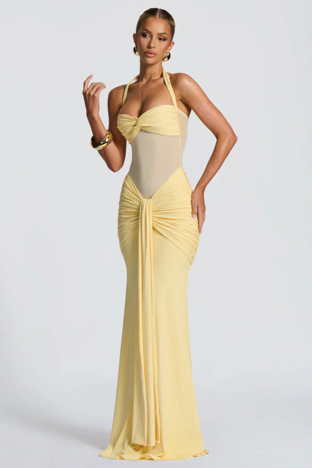 DENISE VAUPERCHE | Halter Neck Bodycon Maxi Dress – Twisted Bandeau Sheer Mesh Ruched Drape Gown