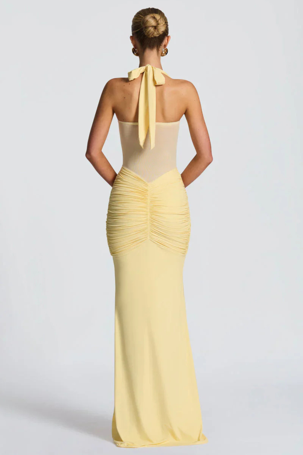 DENISE VAUPERCHE | Halter Neck Bodycon Maxi Dress – Twisted Bandeau Sheer Mesh Ruched Drape Gown