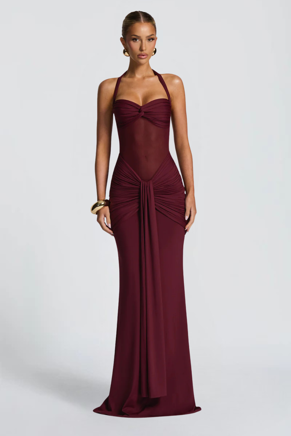 DENISE VAUPERCHE | Halter Neck Bodycon Maxi Dress – Twisted Bandeau Sheer Mesh Ruched Drape Gown