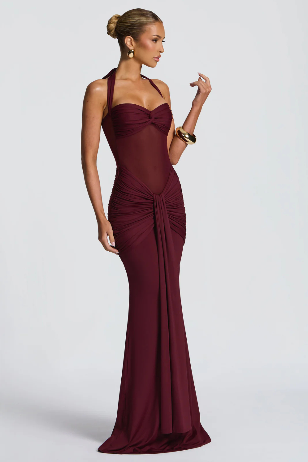 DENISE VAUPERCHE | Halter Neck Bodycon Maxi Dress – Twisted Bandeau Sheer Mesh Ruched Drape Gown