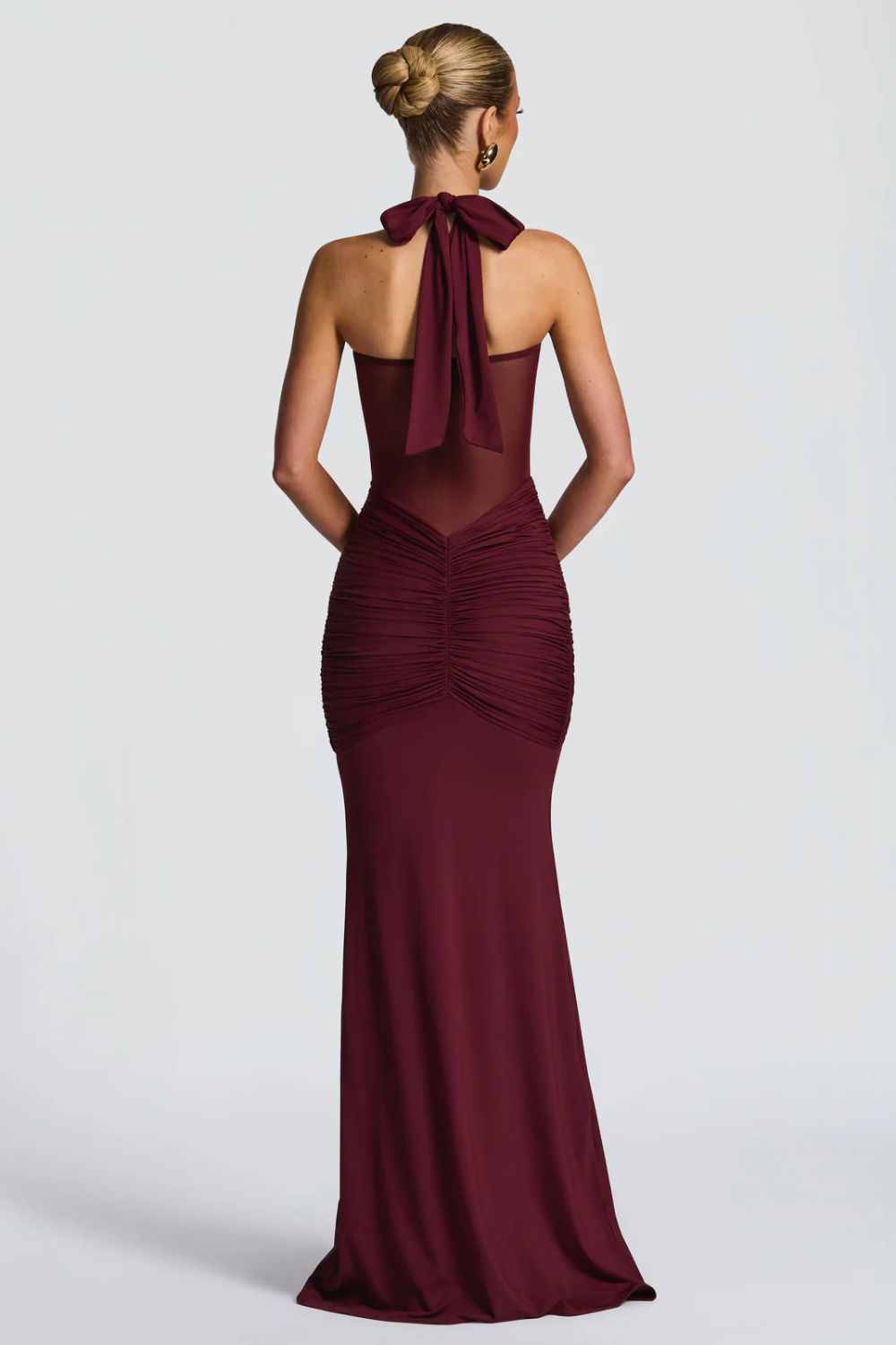 DENISE VAUPERCHE | Halter Neck Bodycon Maxi Dress – Twisted Bandeau Sheer Mesh Ruched Drape Gown