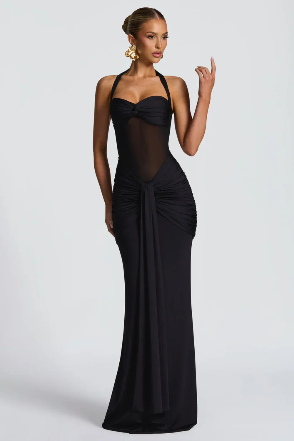 DENISE VAUPERCHE | Halter Neck Bodycon Maxi Dress – Twisted Bandeau Sheer Mesh Ruched Drape Gown