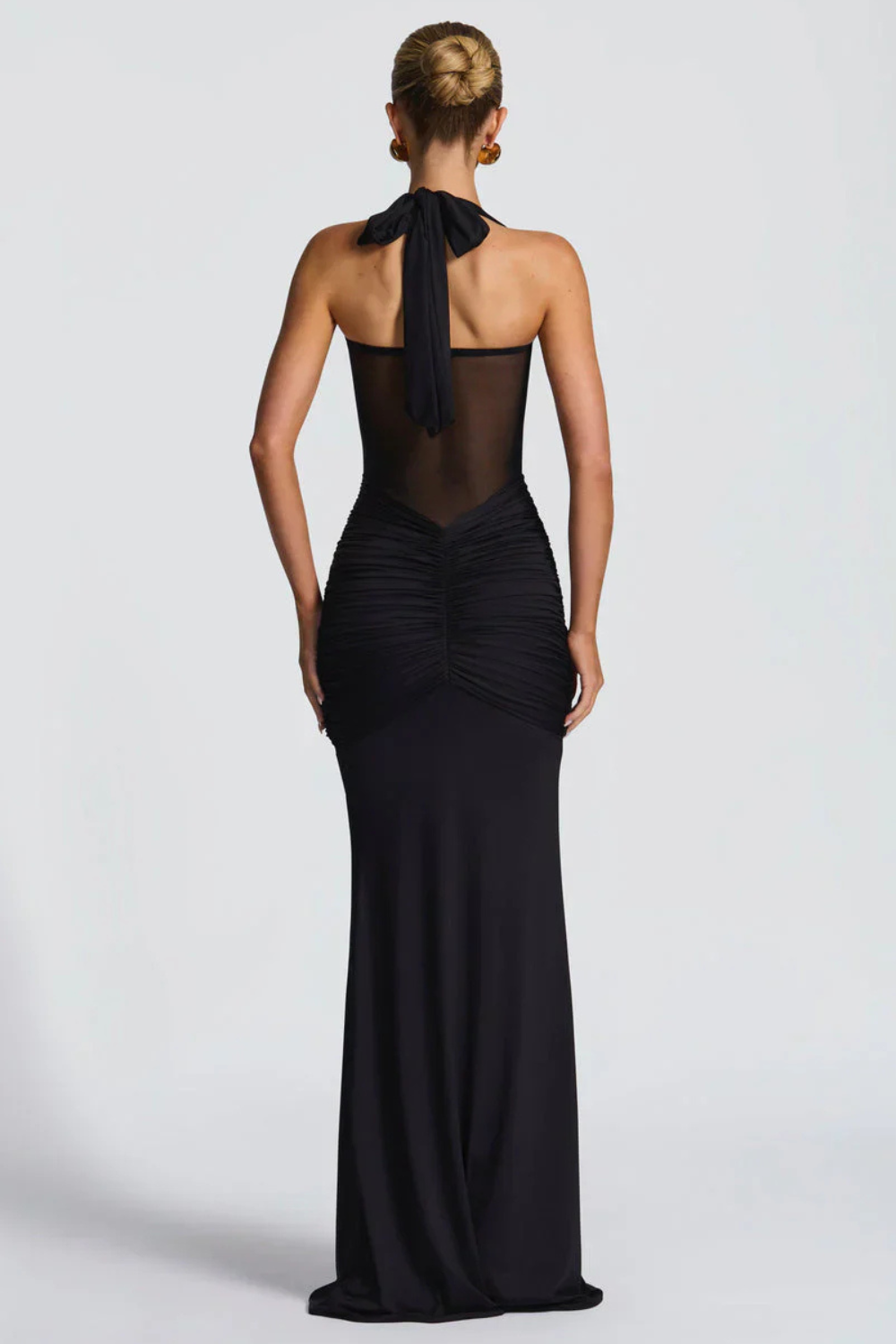 DENISE VAUPERCHE | Halter Neck Bodycon Maxi Dress – Twisted Bandeau Sheer Mesh Ruched Drape Gown