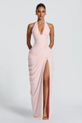 Emma Simon | Plunge Halter Maxi Dress – Asymmetric Draped Corset Thigh Slit Evening Gown