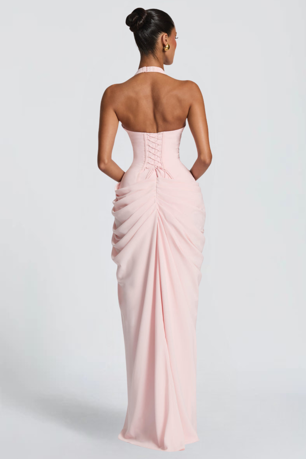 Emma Simon | Plunge Halter Maxi Dress – Asymmetric Draped Corset Thigh Slit Evening Gown