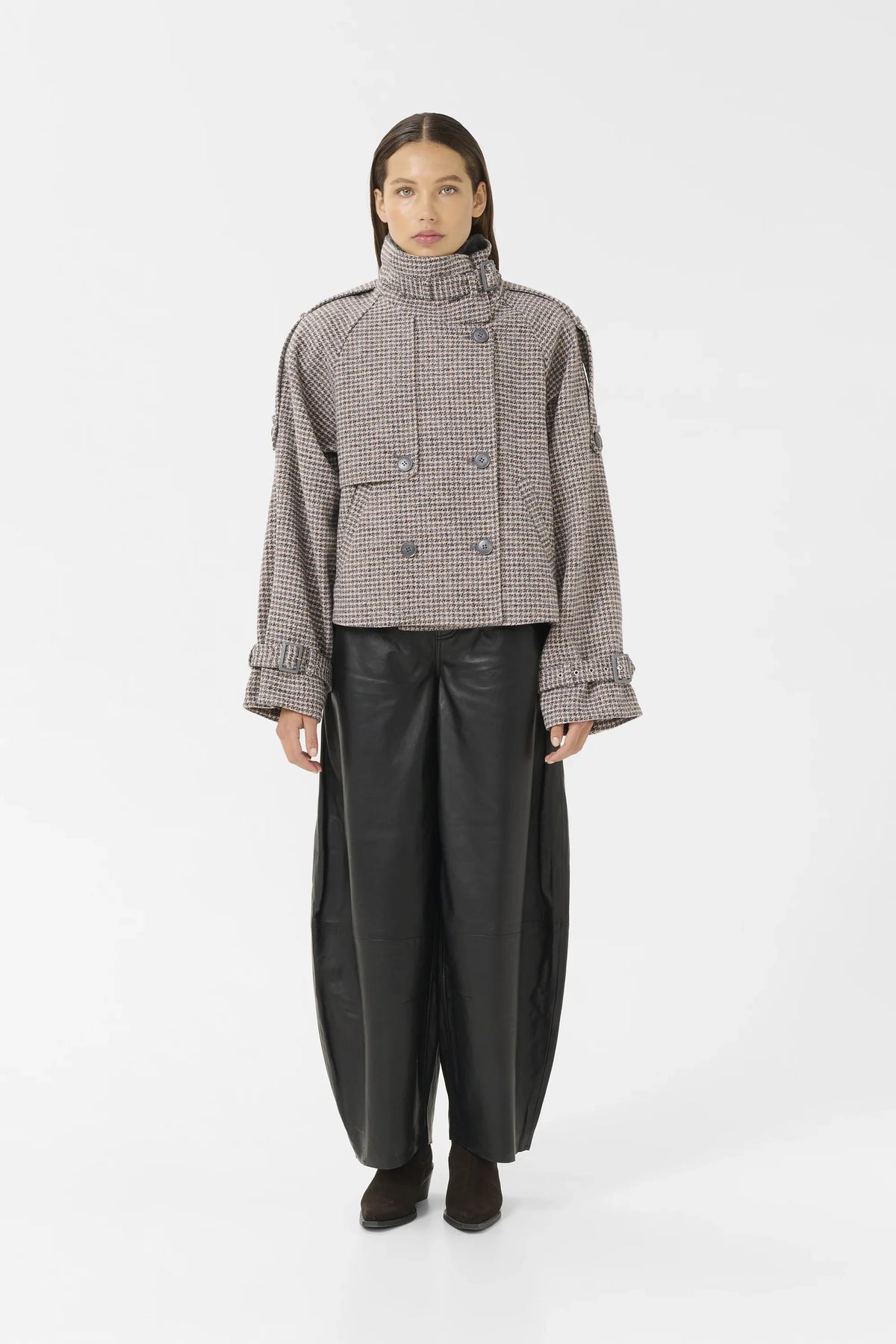 Noémie Guérin | Women's Cropped Houndstooth Trench Jacket – Beige Double-Breasted Wool Blend Jacket