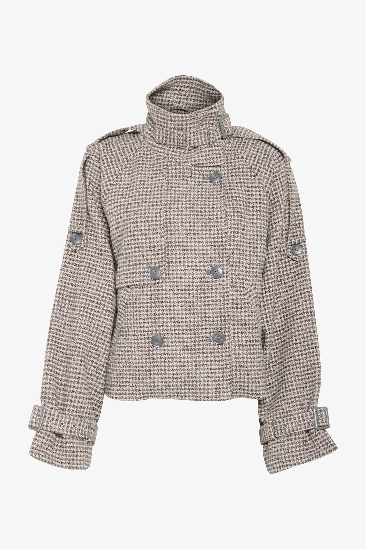 Noémie Guérin | Women's Cropped Houndstooth Trench Jacket – Beige Double-Breasted Wool Blend Jacket