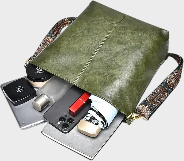 Béatrice Lucas | Women's Green PU Leather Shoulder Bag – Slouchy Hobo Bag with Wide Strap