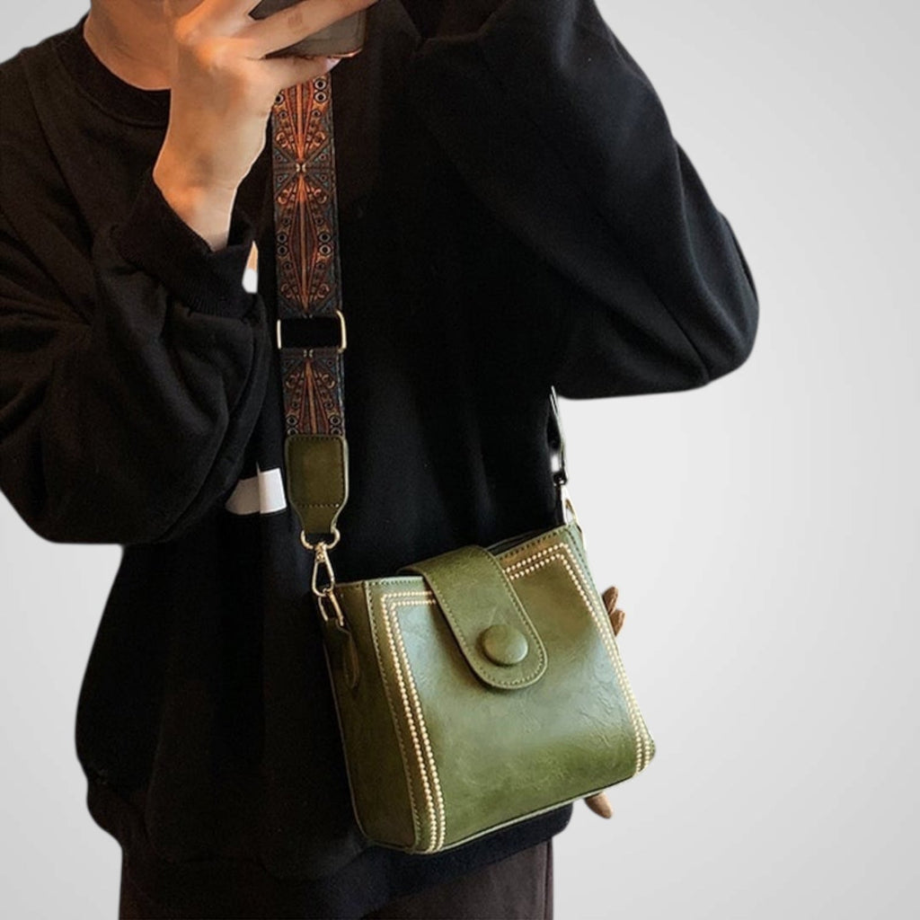 Donatelli | Women's Retro Bucket Bag with Wide Shoulder Strap – Tan Crossbody Bag
