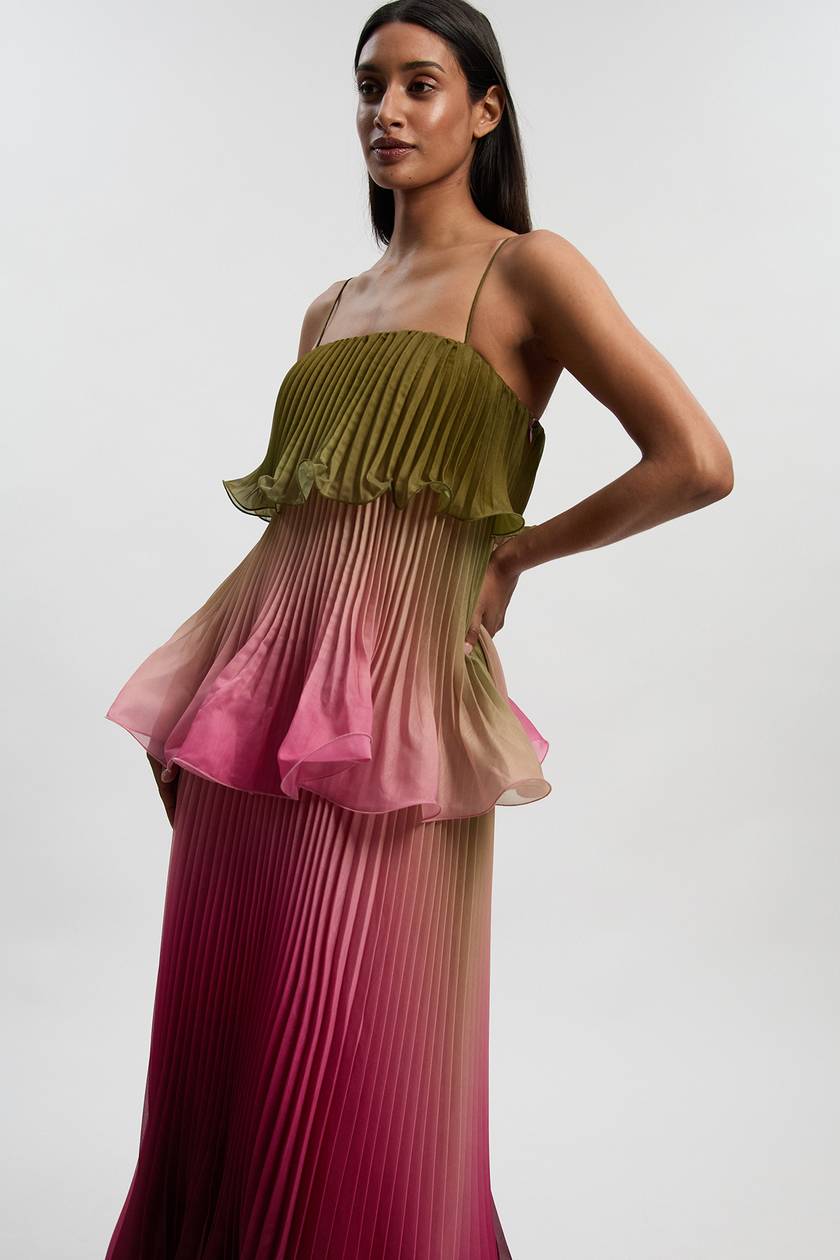 ÉLODIE DE VAUCLERC | Ombré Pleated Maxi Dress – Ruffle Layered Bodice Spaghetti Strap Flowy Gown