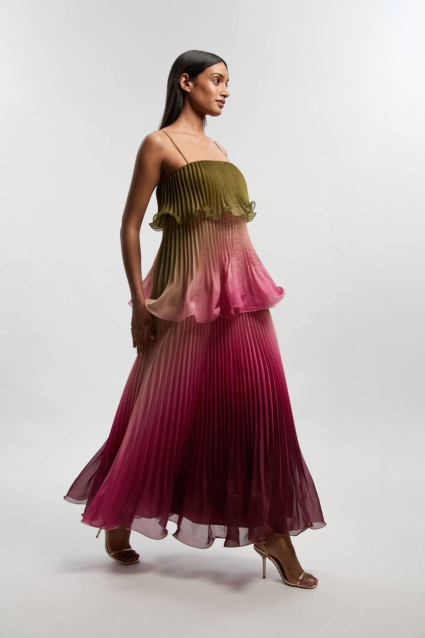 ÉLODIE DE VAUCLERC | Ombré Pleated Maxi Dress – Ruffle Layered Bodice Spaghetti Strap Flowy Gown