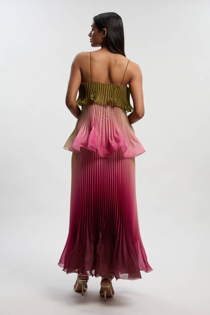 ÉLODIE DE VAUCLERC | Ombré Pleated Maxi Dress – Ruffle Layered Bodice Spaghetti Strap Flowy Gown