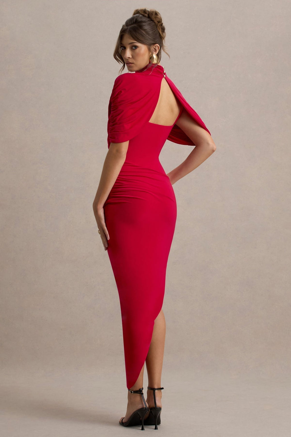 HÉLÈNE VAUGRENIER | Draped High Neck Bodycon Dress – Gathered Asymmetric Hem Stretch Evening Dress