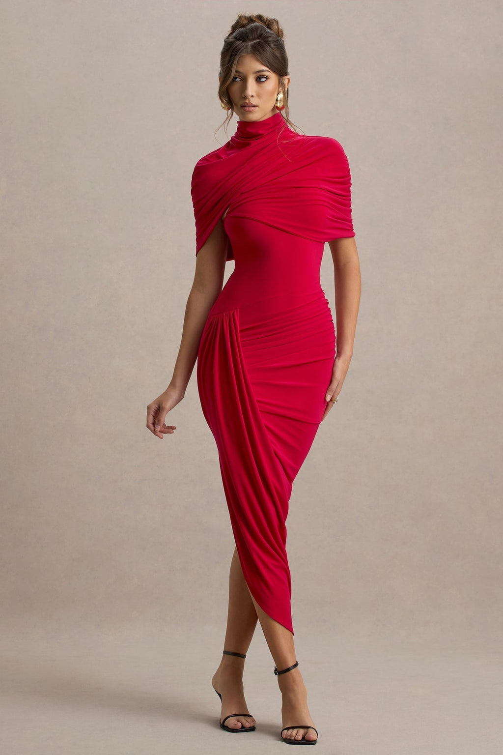 HÉLÈNE VAUGRENIER | Draped High Neck Bodycon Dress – Gathered Asymmetric Hem Stretch Evening Dress
