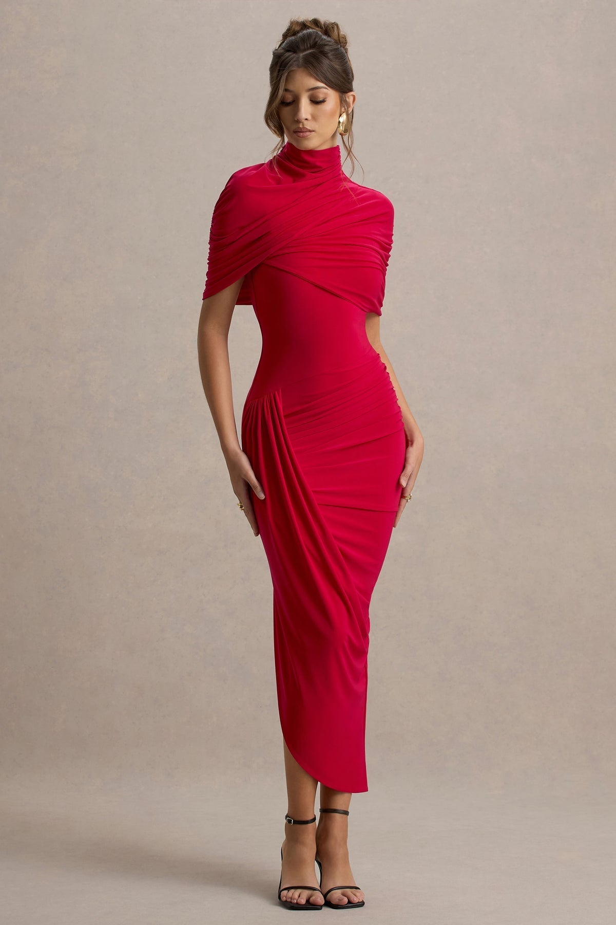 HÉLÈNE VAUGRENIER | Draped High Neck Bodycon Dress – Gathered Asymmetric Hem Stretch Evening Dress