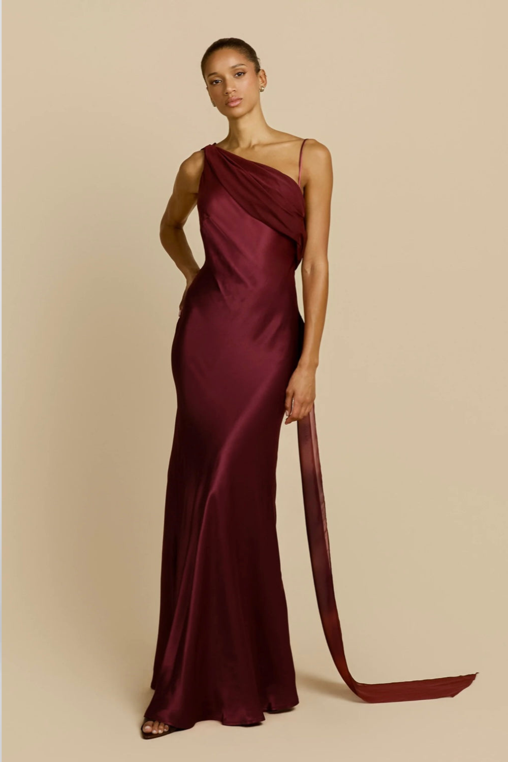 Marion Fontaine | One Shoulder Satin Maxi Dress – Bias Cut Open Back Train Evening Gown