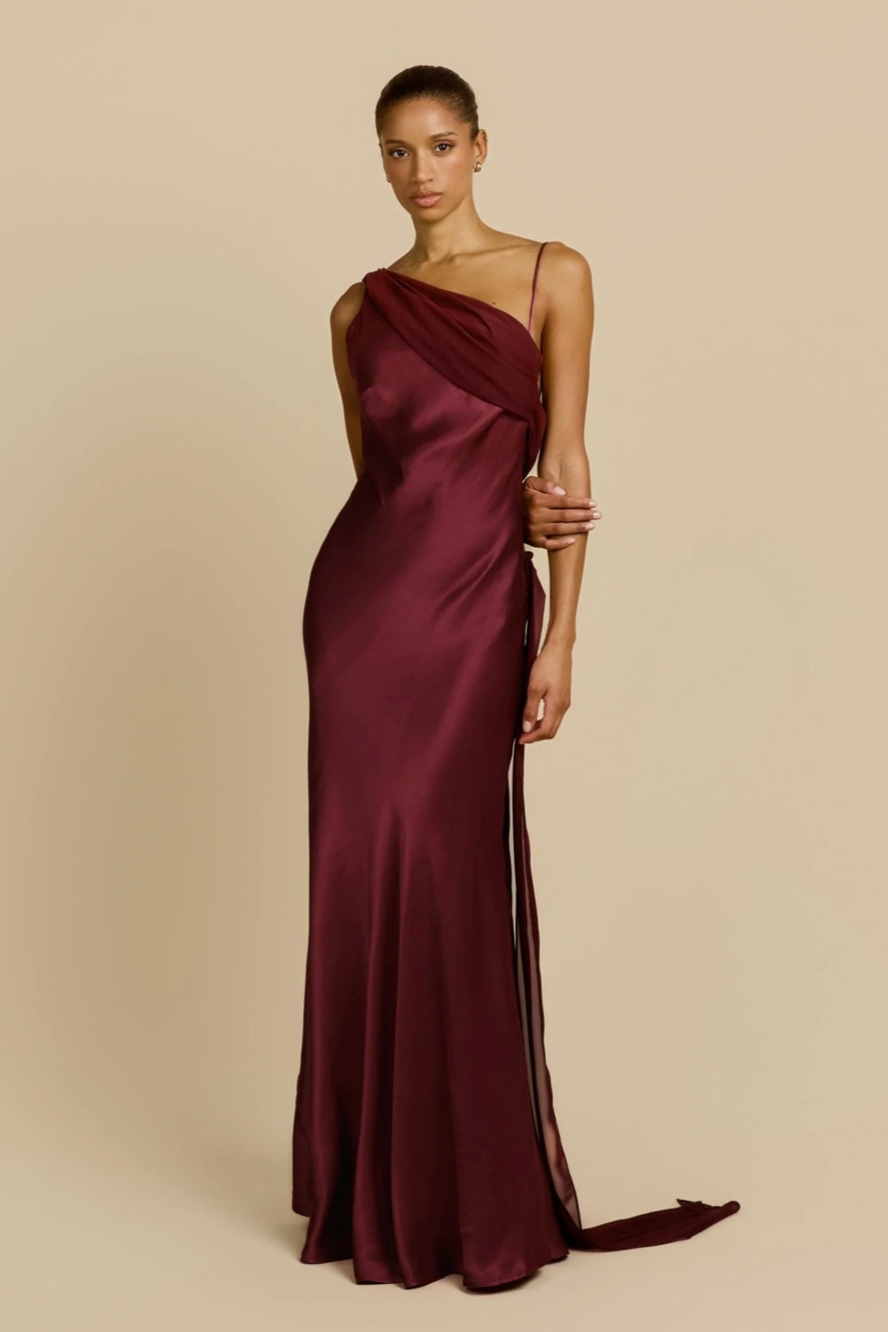 Marion Fontaine | One Shoulder Satin Maxi Dress – Bias Cut Open Back Train Evening Gown