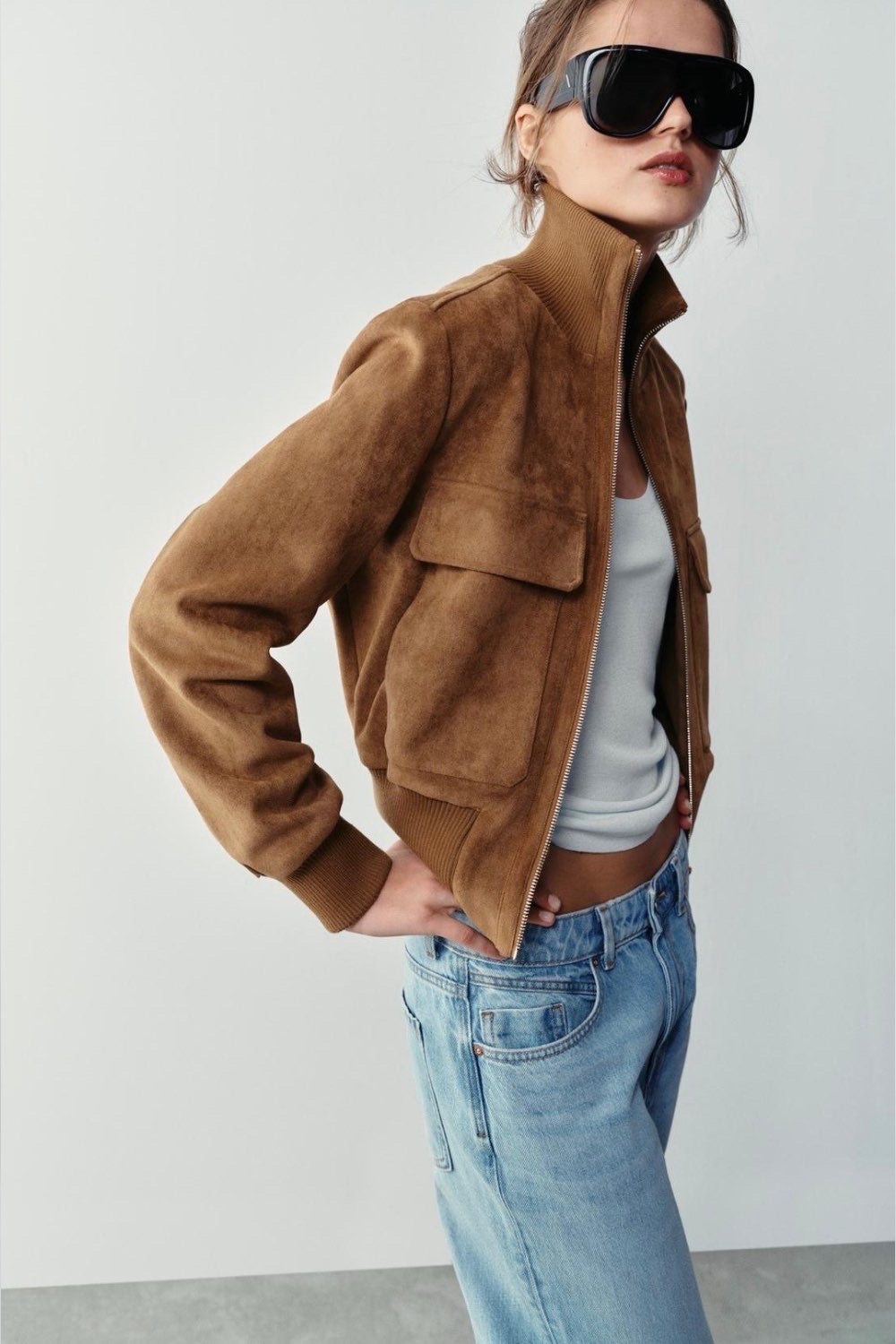 Éva Joly | Women's Brown Faux Suede Bomber Jacket – Short Zip-Up Jacket