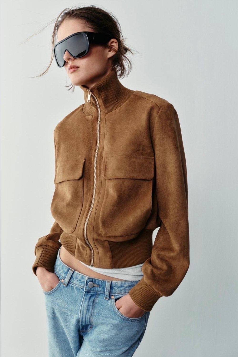 Éva Joly | Women's Brown Faux Suede Bomber Jacket – Short Zip-Up Jacket
