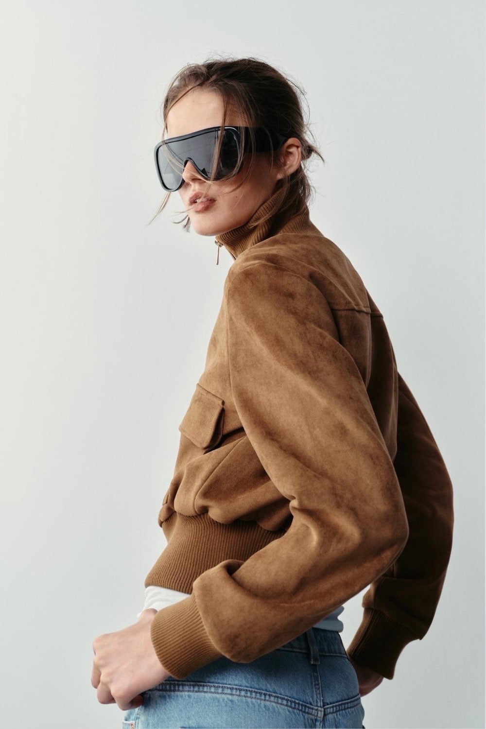 Éva Joly | Women's Brown Faux Suede Bomber Jacket – Short Zip-Up Jacket