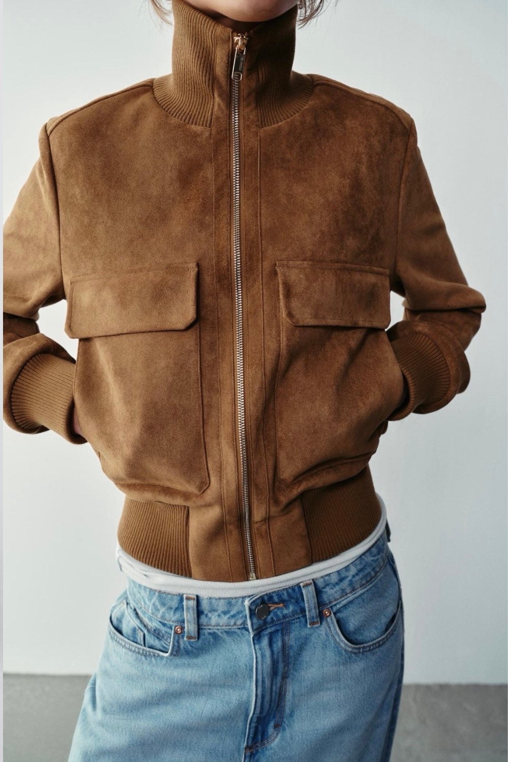 Éva Joly | Women's Brown Faux Suede Bomber Jacket – Short Zip-Up Jacket