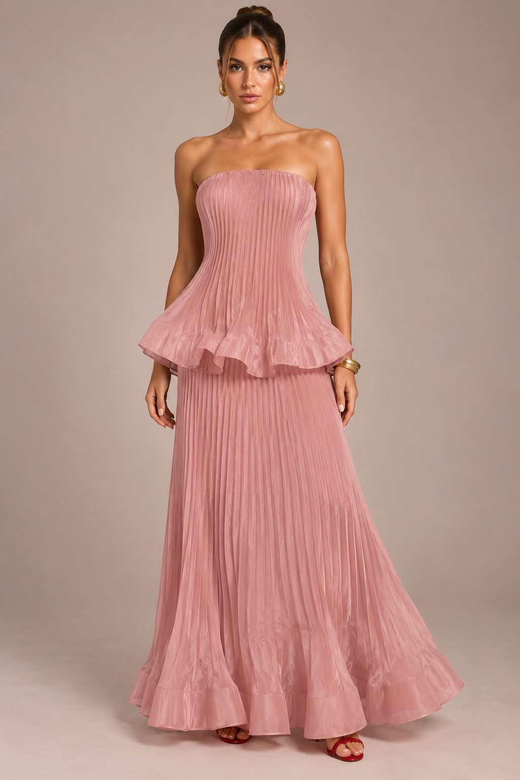 Mathilde Bonnet | Pink Pleated Strapless Maxi Dress – Peplum Waist Floor Length Evening Gown