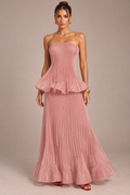 Mathilde Bonnet | Pink Pleated Strapless Maxi Dress – Peplum Waist Floor Length Evening Gown