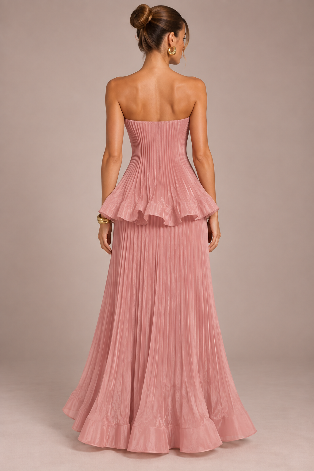 Mathilde Bonnet | Pink Pleated Strapless Maxi Dress – Peplum Waist Floor Length Evening Gown