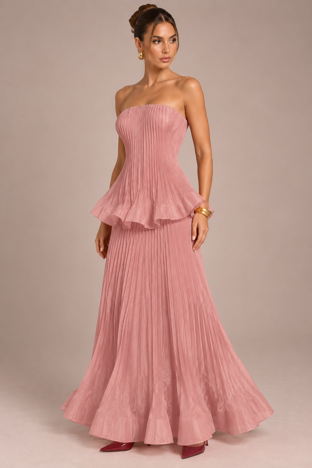 Mathilde Bonnet | Pink Pleated Strapless Maxi Dress – Peplum Waist Floor Length Evening Gown