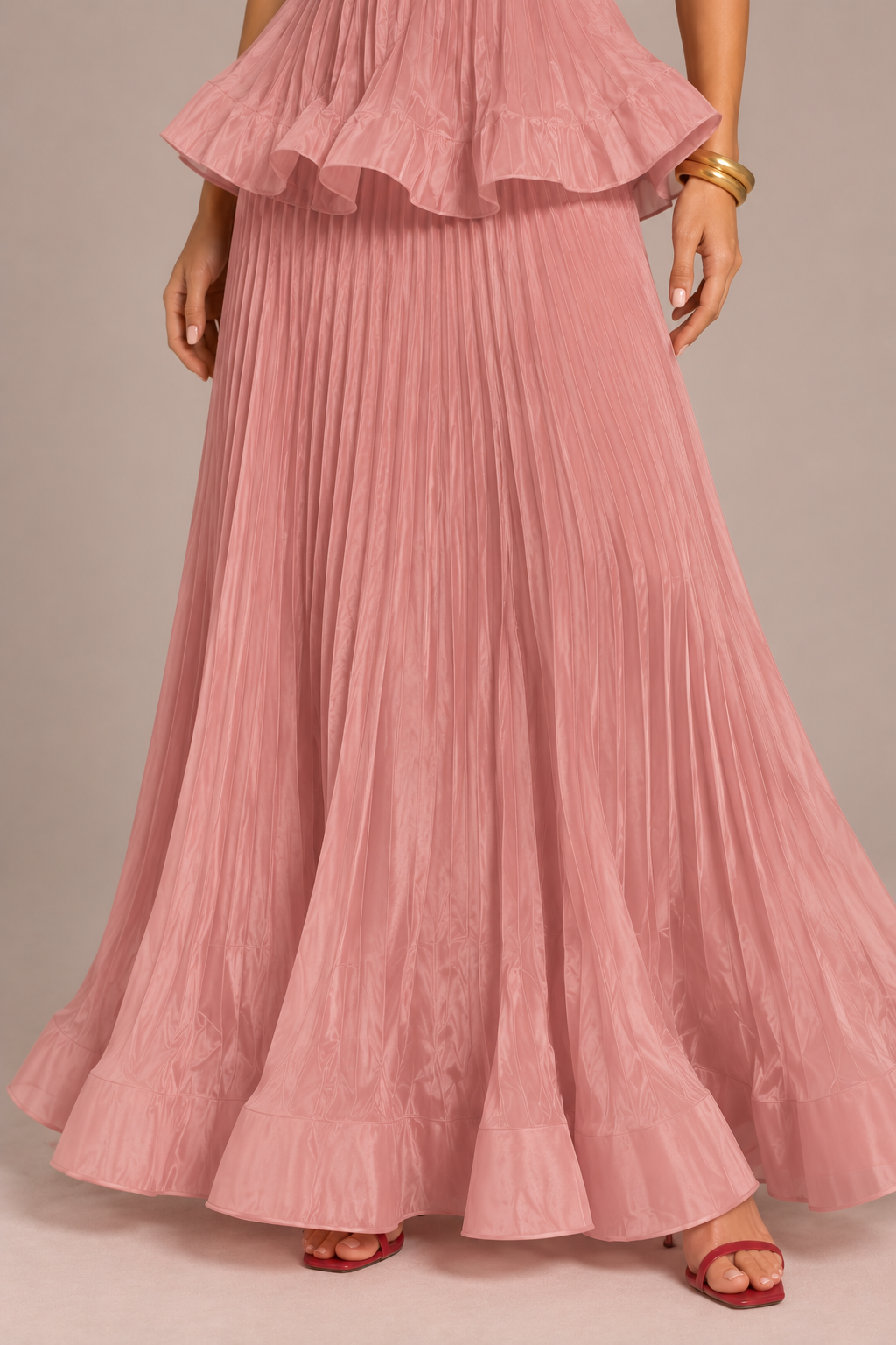 Mathilde Bonnet | Pink Pleated Strapless Maxi Dress – Peplum Waist Floor Length Evening Gown