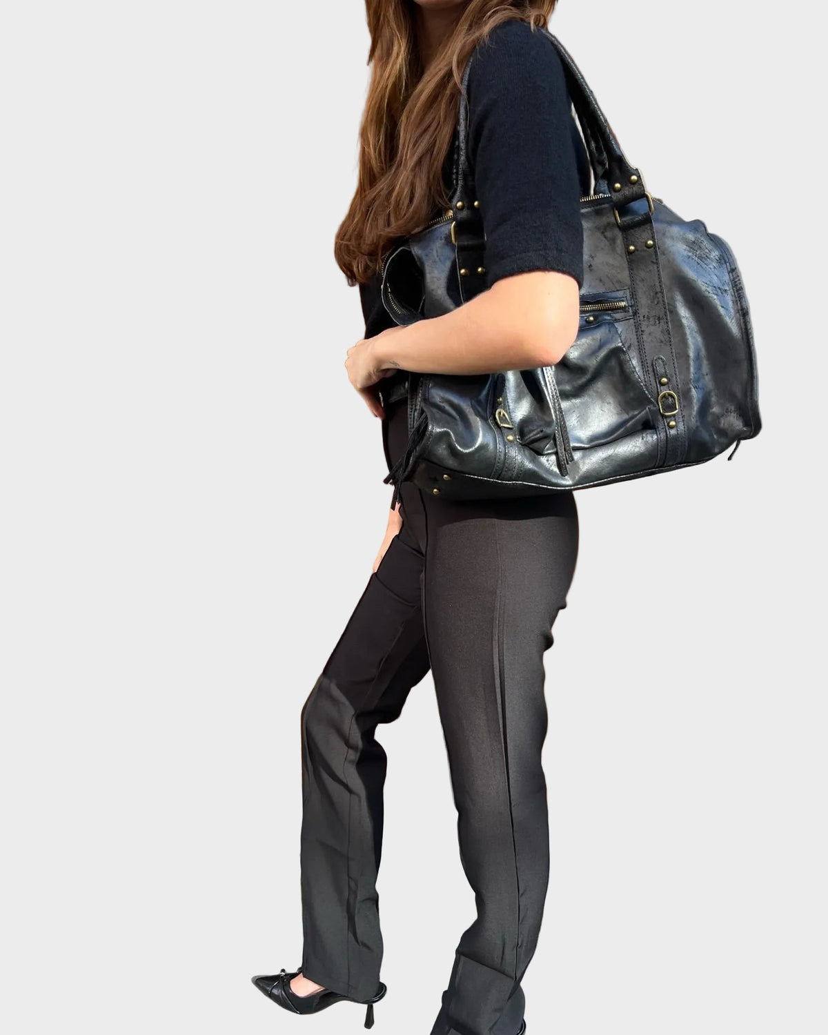 Zélie Bellecombe | Large Black Shoulder Bag with Gold-Tone Zip Closure
