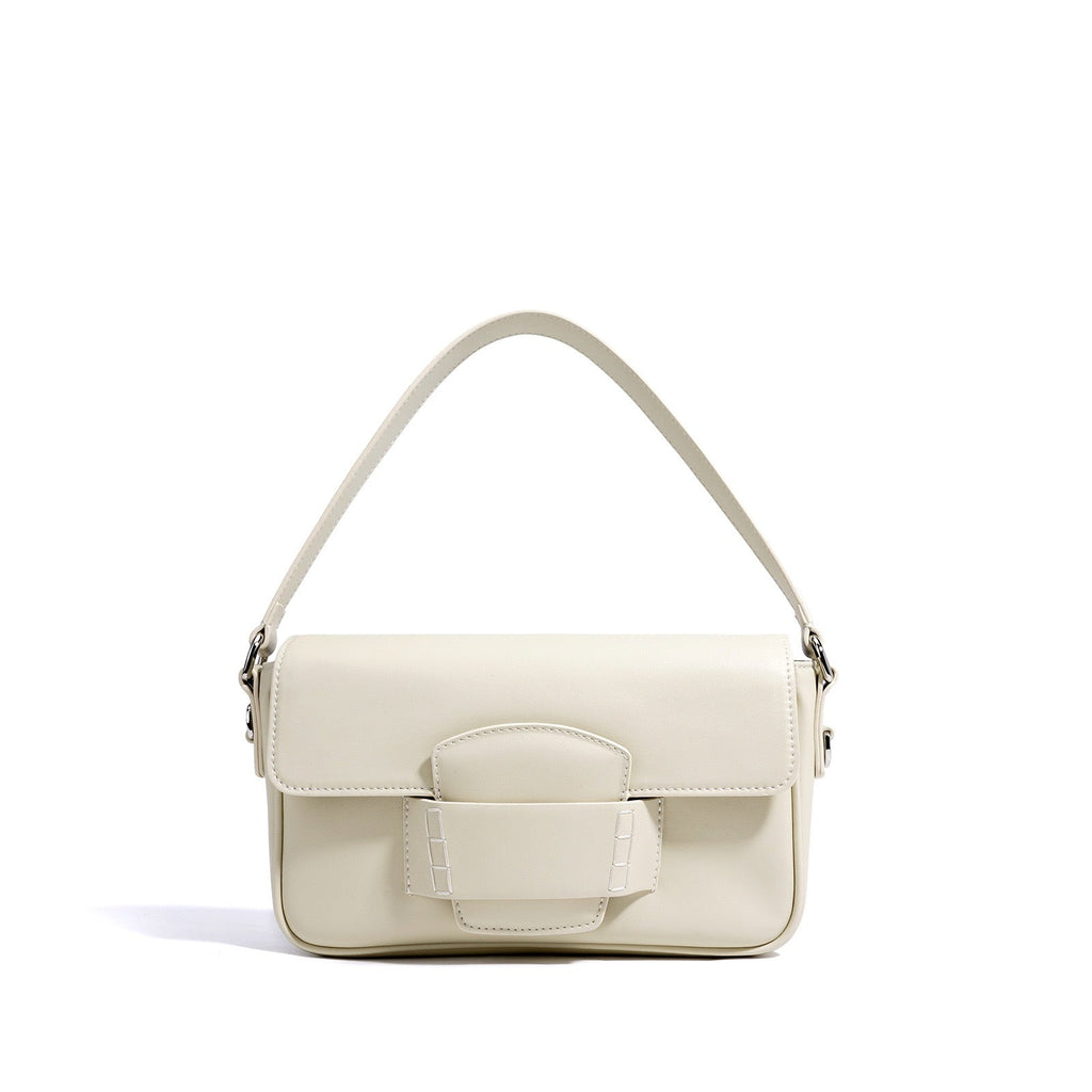 Calderoni | Women's Minimalist Shoulder Bag with Fold-Over Flap – Beige Baguette Bag