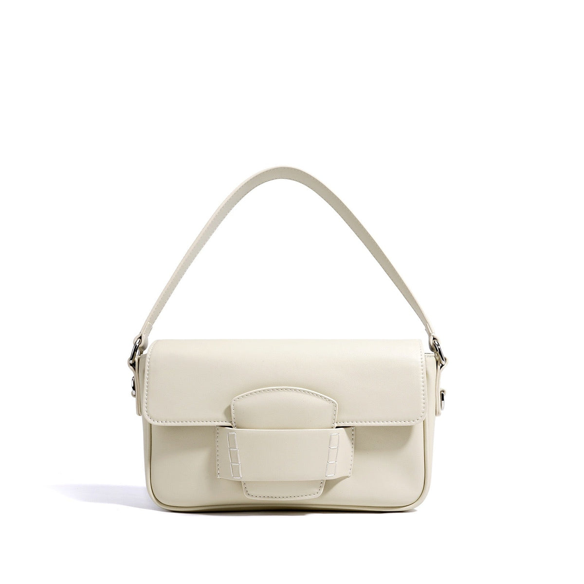 Calderoni | Women's Minimalist Shoulder Bag with Fold-Over Flap – Beige Baguette Bag
