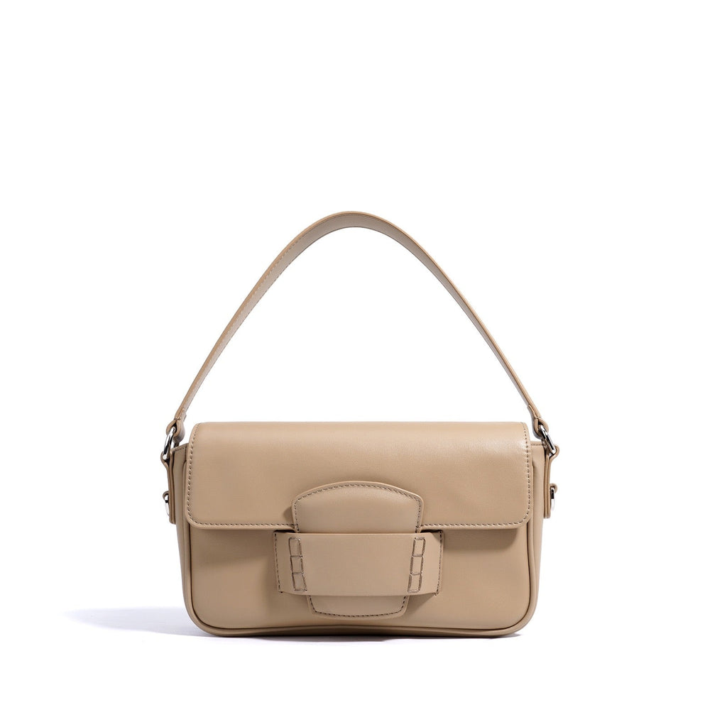 Calderoni | Women's Minimalist Shoulder Bag with Fold-Over Flap – Beige Baguette Bag