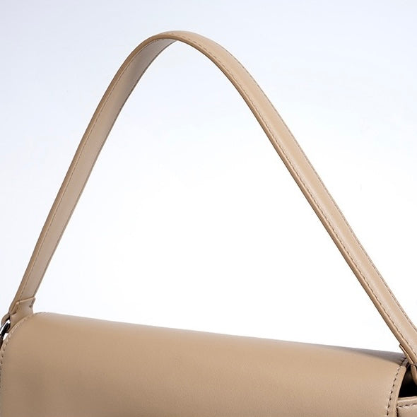 Calderoni | Women's Minimalist Shoulder Bag with Fold-Over Flap – Beige Baguette Bag