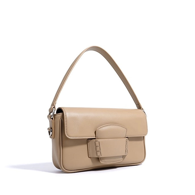 Calderoni | Women's Minimalist Shoulder Bag with Fold-Over Flap – Beige Baguette Bag