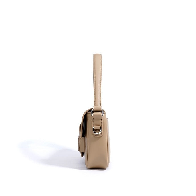 Calderoni | Women's Minimalist Shoulder Bag with Fold-Over Flap – Beige Baguette Bag