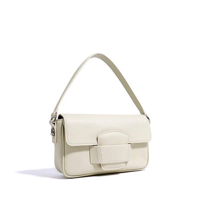 Calderoni | Women's Minimalist Shoulder Bag with Fold-Over Flap – Beige Baguette Bag