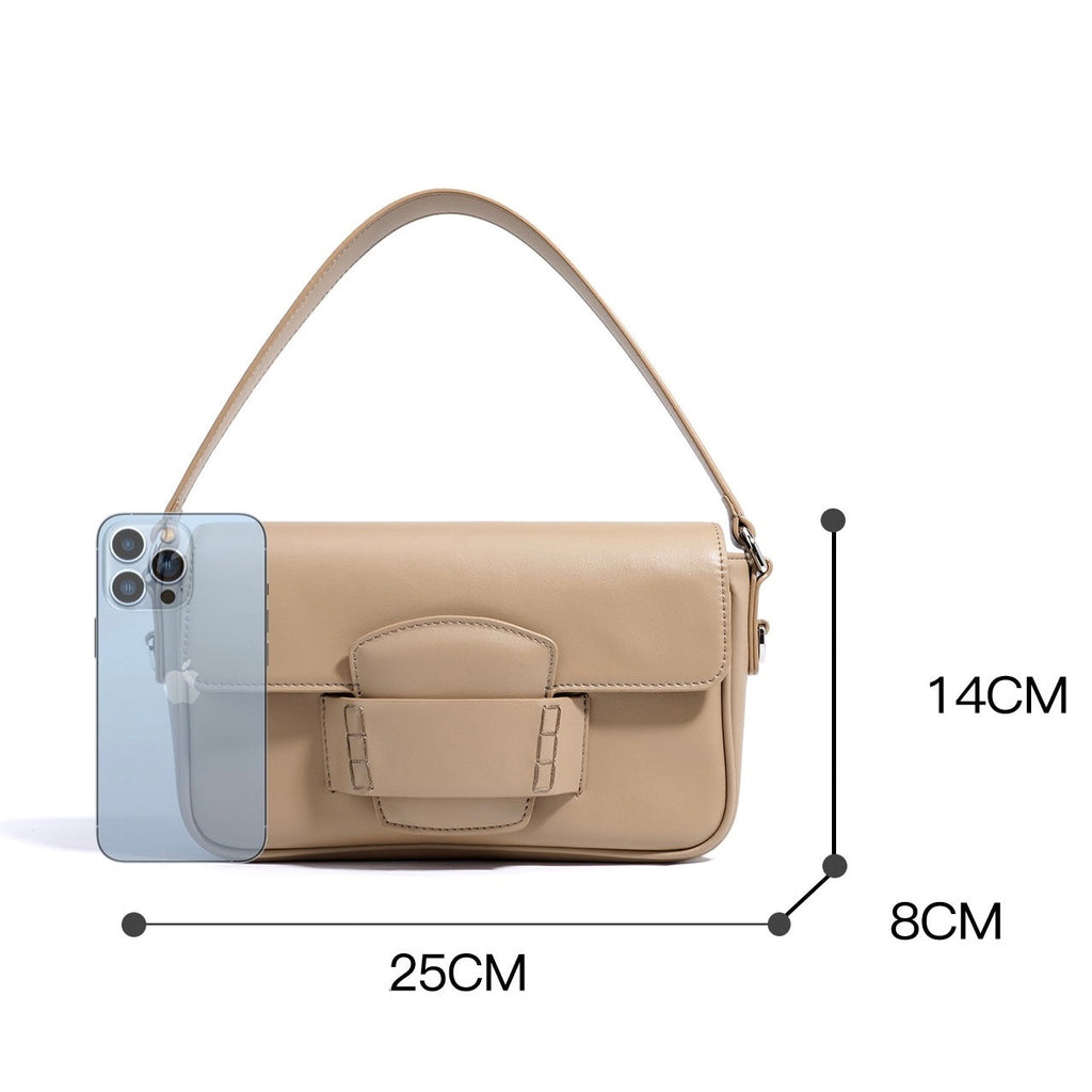Calderoni | Women's Minimalist Shoulder Bag with Fold-Over Flap – Beige Baguette Bag