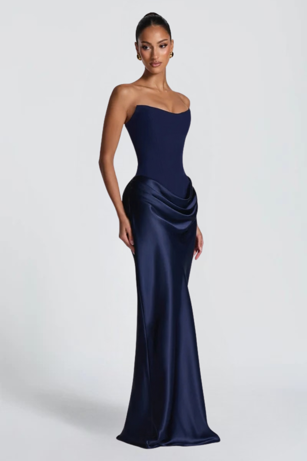 Pauline Bertrand | Strapless Corset Satin Maxi Dress – Hourglass Draped Formal Evening Gown