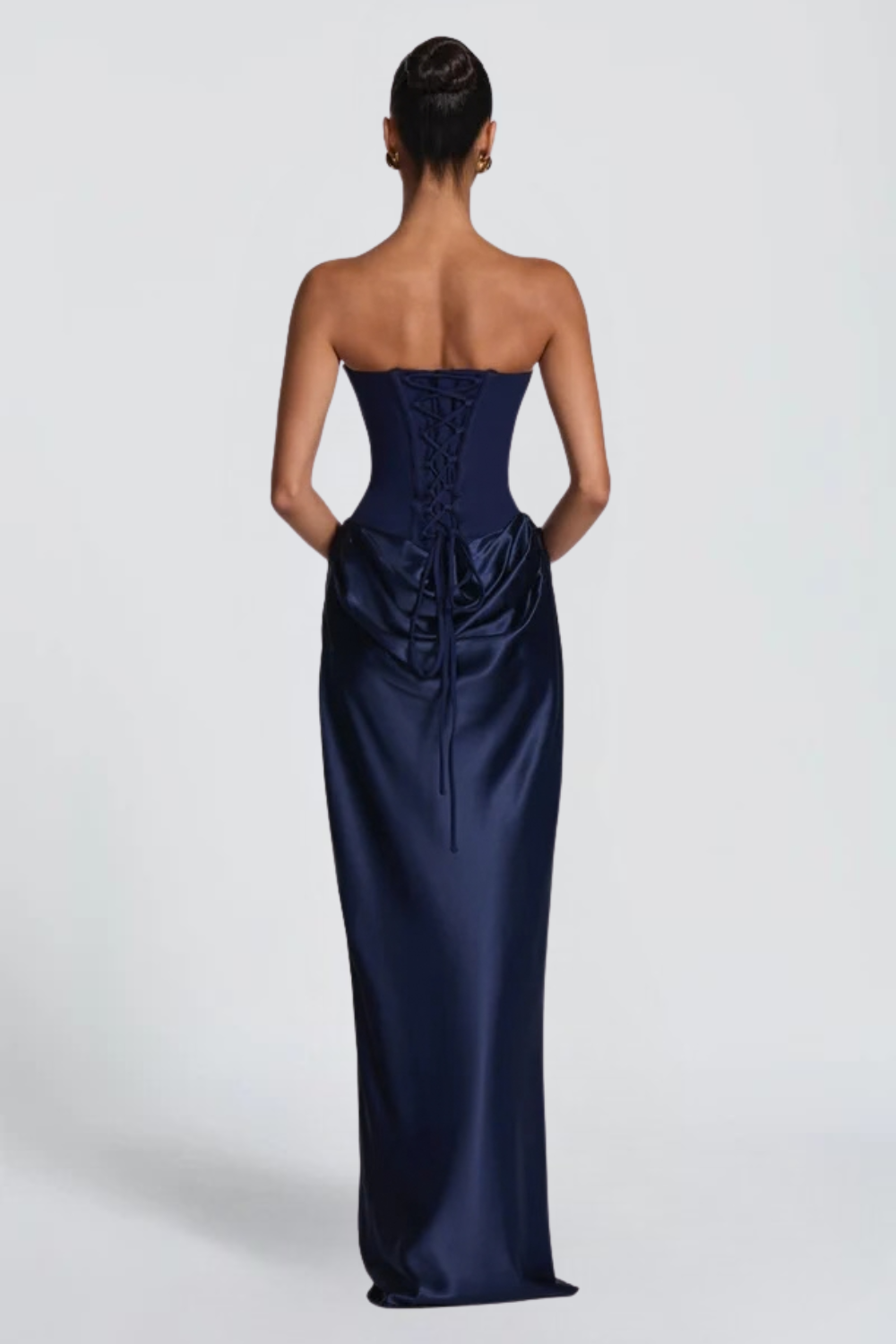 Pauline Bertrand | Strapless Corset Satin Maxi Dress – Hourglass Draped Formal Evening Gown