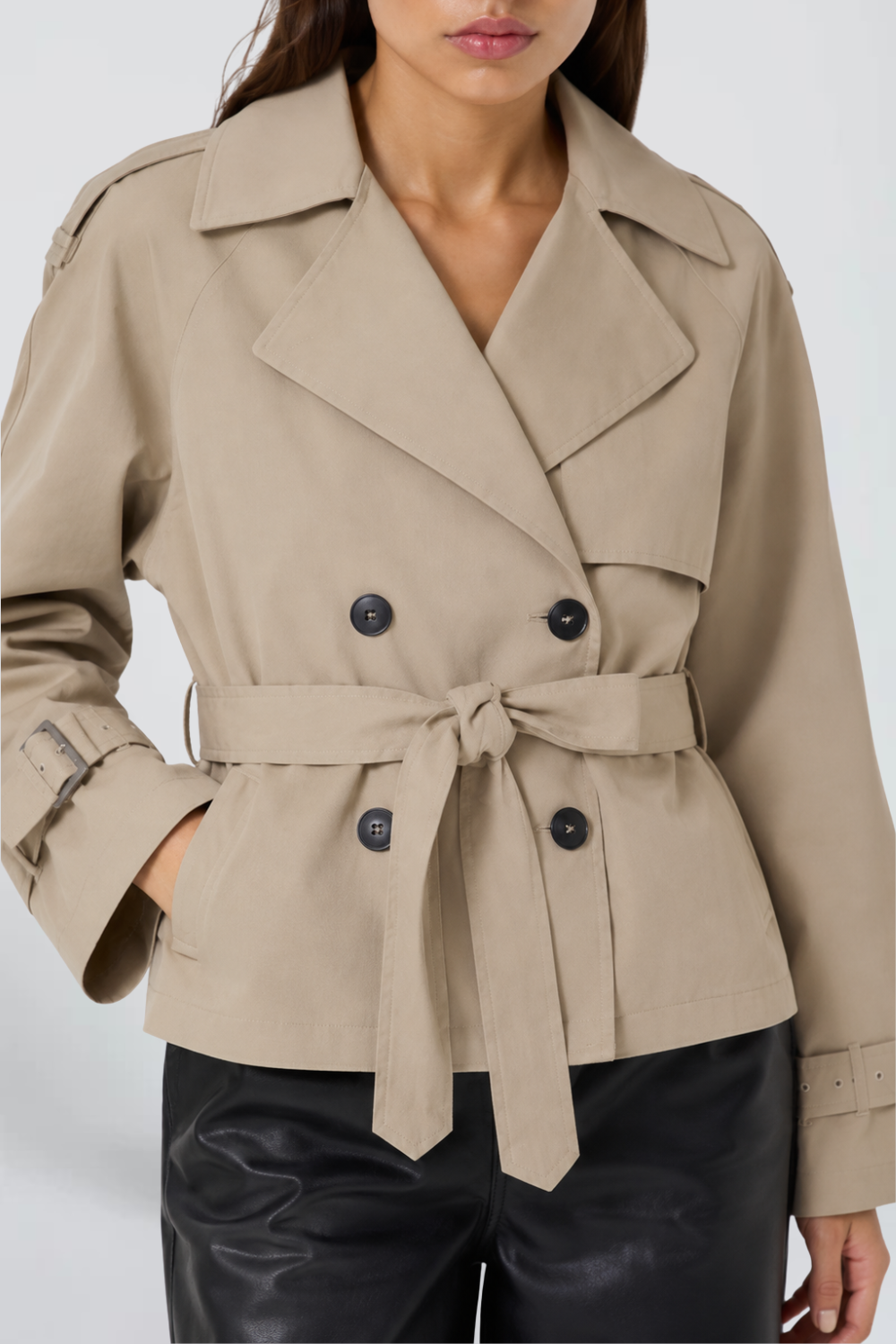 Eva Nicolas | Women's Short Belted Trench Jacket – Beige Double-Breasted Trench Coat
