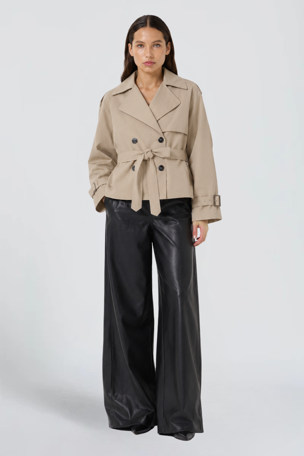 Eva Nicolas | Women's Short Belted Trench Jacket – Beige Double-Breasted Trench Coat