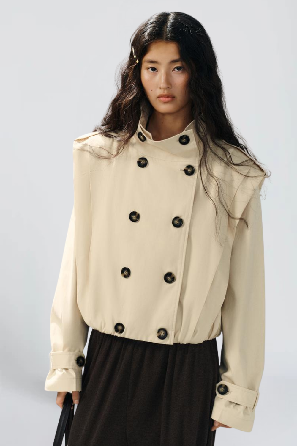 Gabrielle Duval | Women's Cream Pleated Trench Jacket – Cropped Double-Breasted Jacket