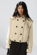 Gabrielle Duval | Women's Cream Pleated Trench Jacket – Cropped Double-Breasted Jacket