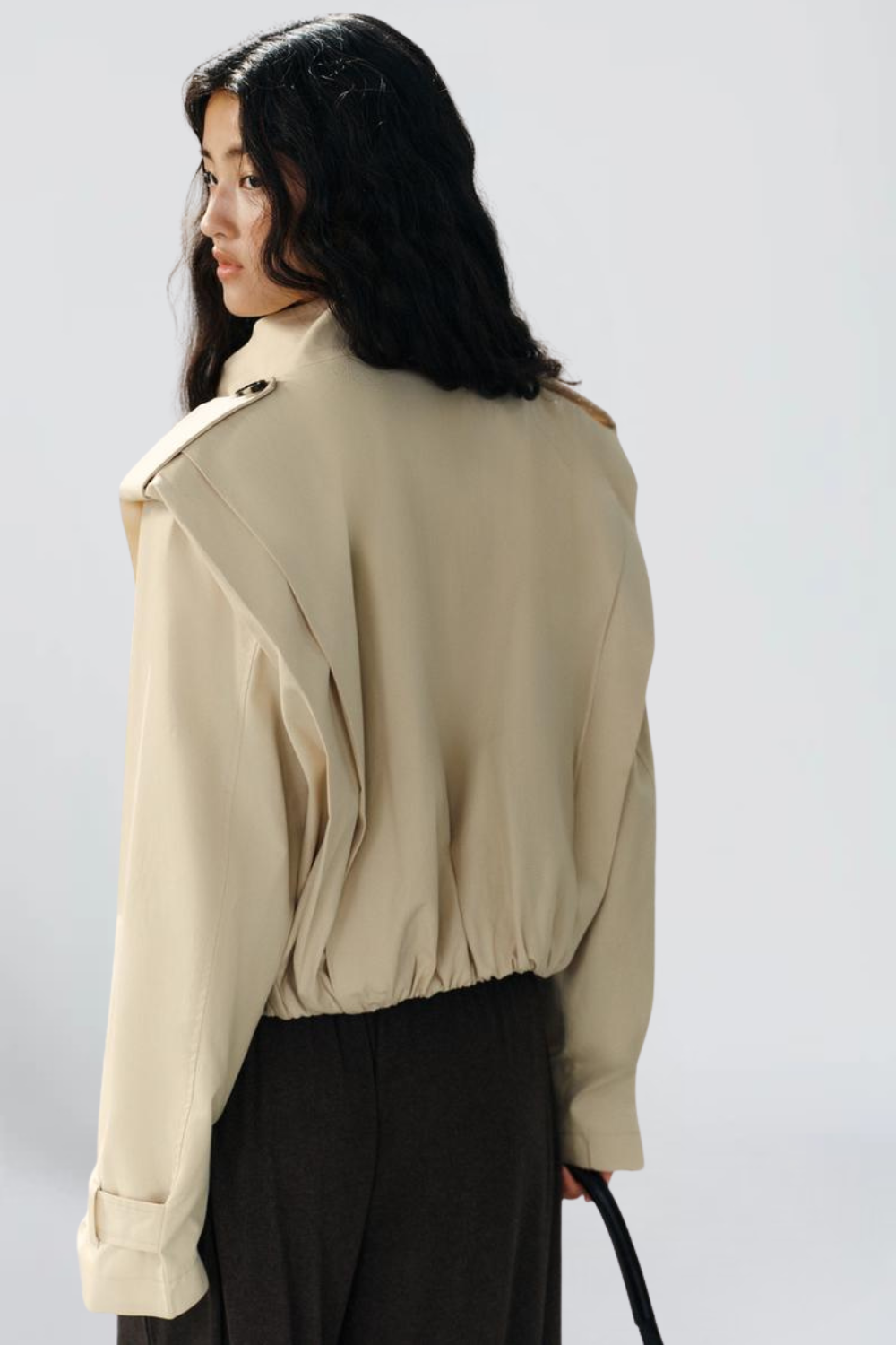 Gabrielle Duval | Women's Cream Pleated Trench Jacket – Cropped Double-Breasted Jacket