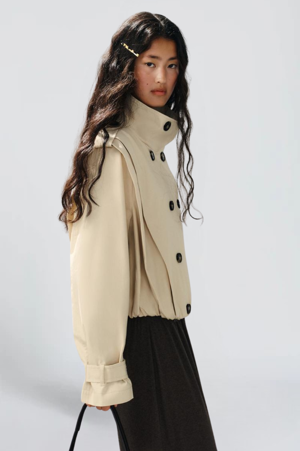 Gabrielle Duval | Women's Cream Pleated Trench Jacket – Cropped Double-Breasted Jacket