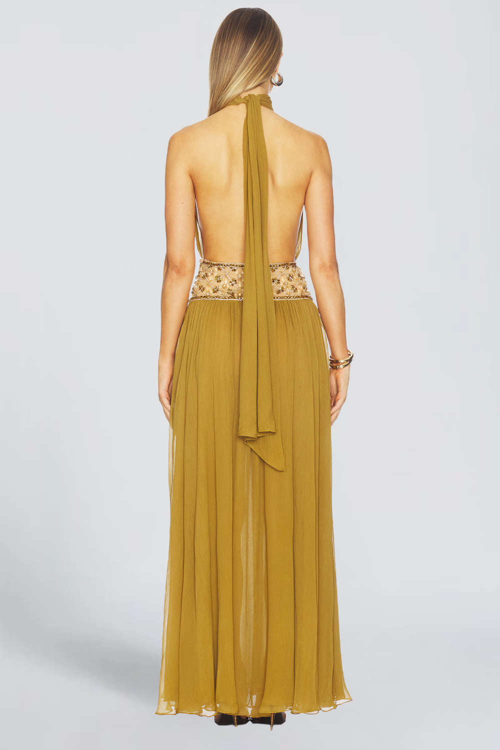 Sarah Lambert | Embellished Halter Chiffon Maxi Dress – Beaded Sheer Waist Thigh Slit Evening Gown